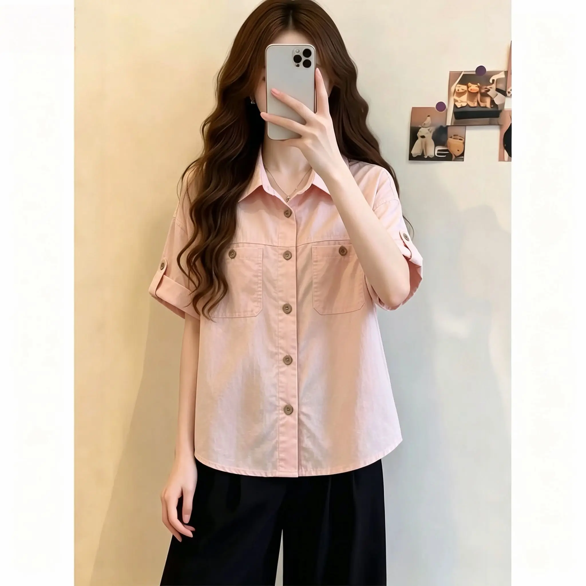 Korean Style Fashionable Collar Short Sleeve Loose Women's Shirt Single Button Summer plus Size Slimming Trendy Top