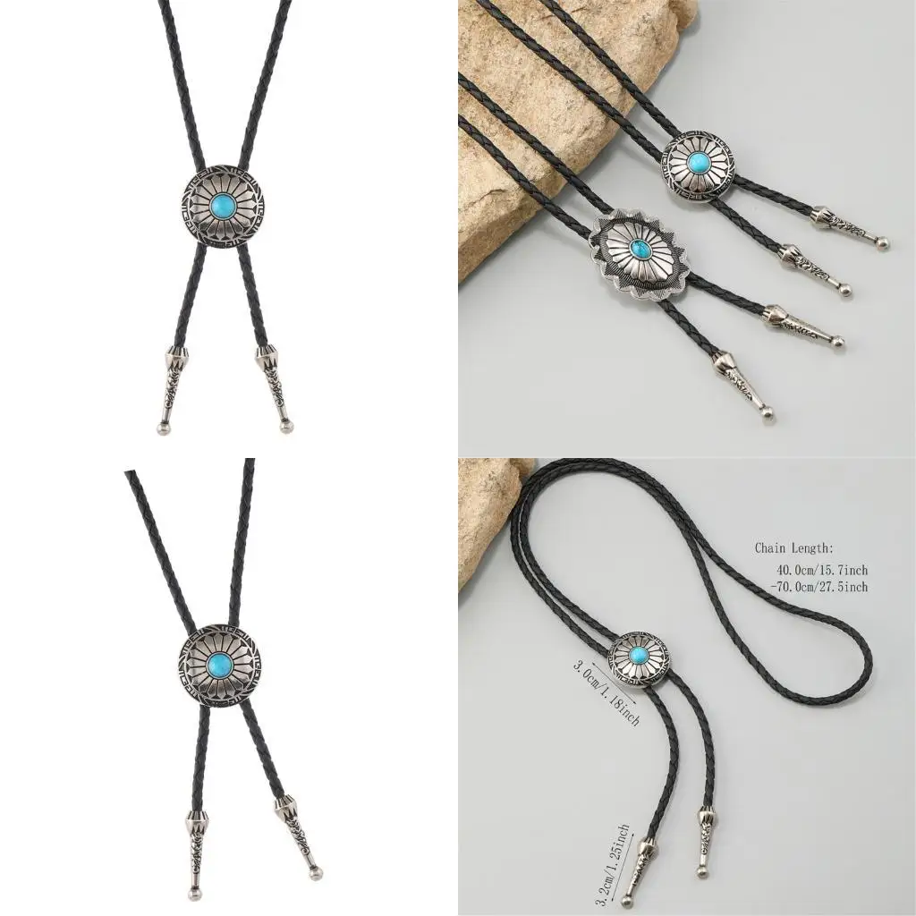 

39BD Elegant Turquoises Stone Western Necklace Adjustable Length Bolo Tie For Cowboy
