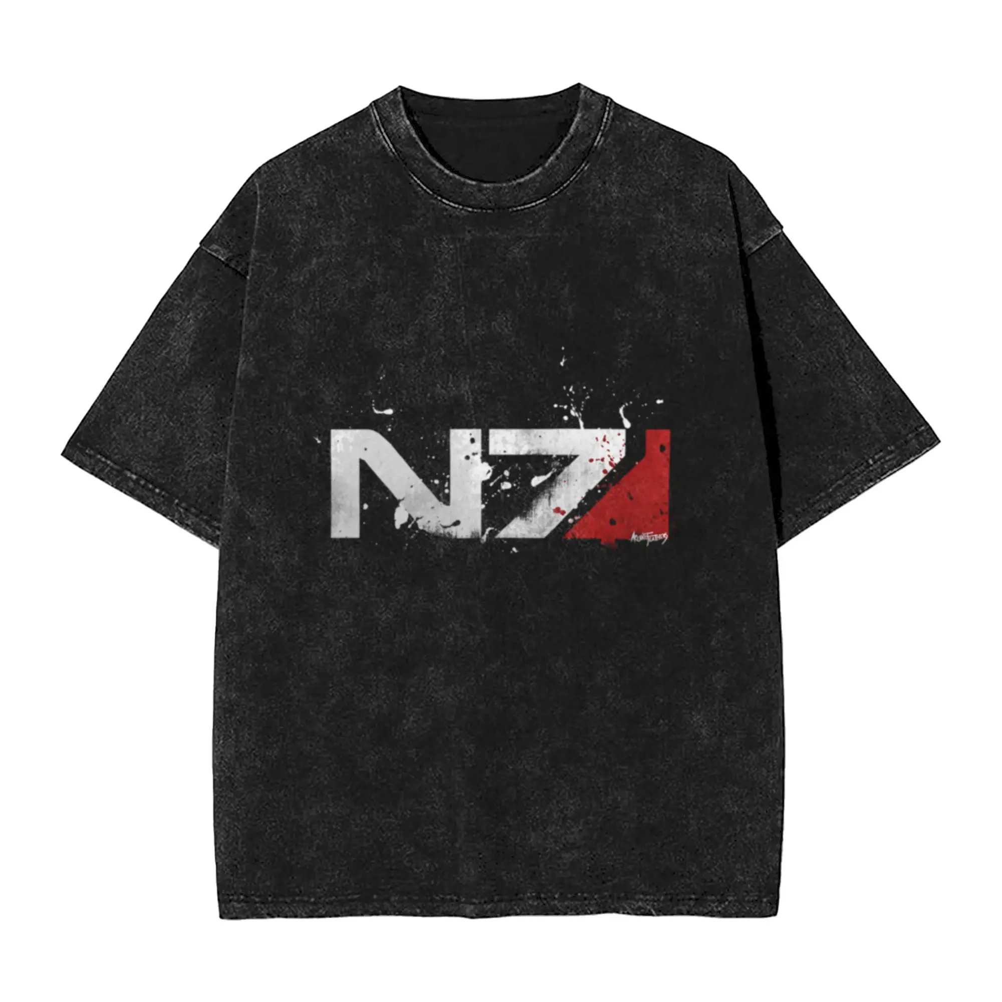 Mass Effect Distressed N7  Classic Cool A Washed T Shirt Men's Women's Oversized Cotton Tees Tops