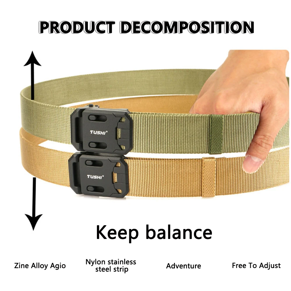 เข็มขัดเหล็กแบบแม่เหล็กอัตโนมัติ TUSHI รุ่นใหม่ เข็มขัดทหารสำหรับผู้ชาย เข็มขัดไนลอนแข็งแบบยุทธวิธี อุปกรณ์เสริมสำหรับกิจกรรมกลางแจ้ง IPSC