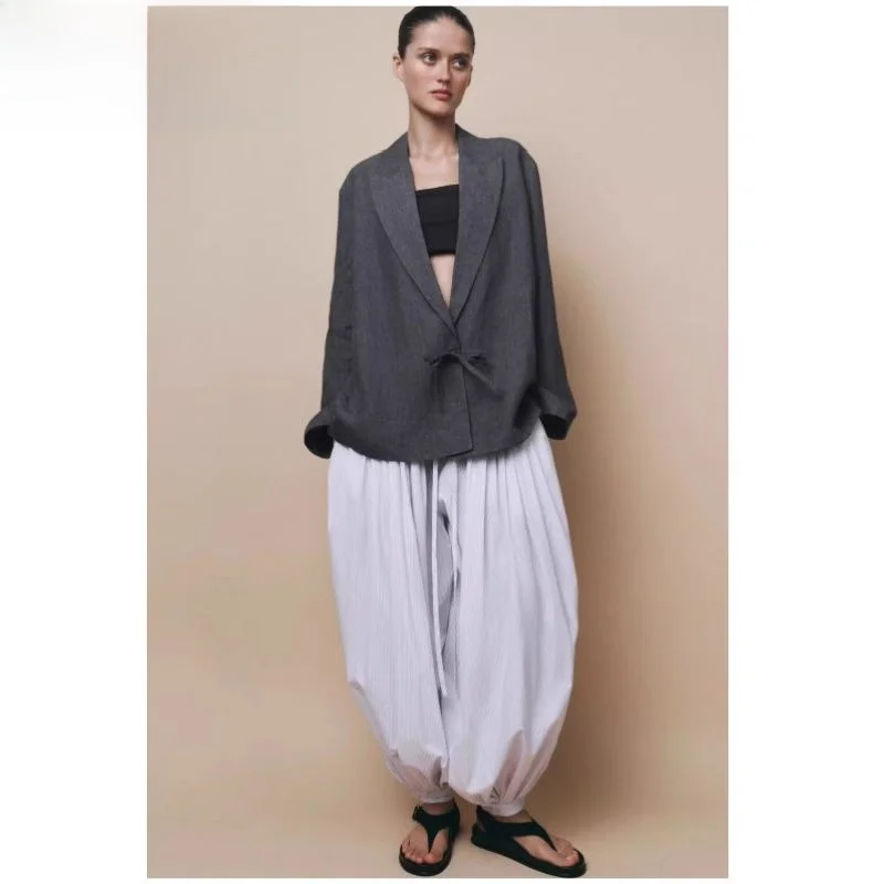 

New 2025 Summer Women's mat Linen Suit Jaet Original Design Loose Fit Casual Long Sve Pure Color Belted