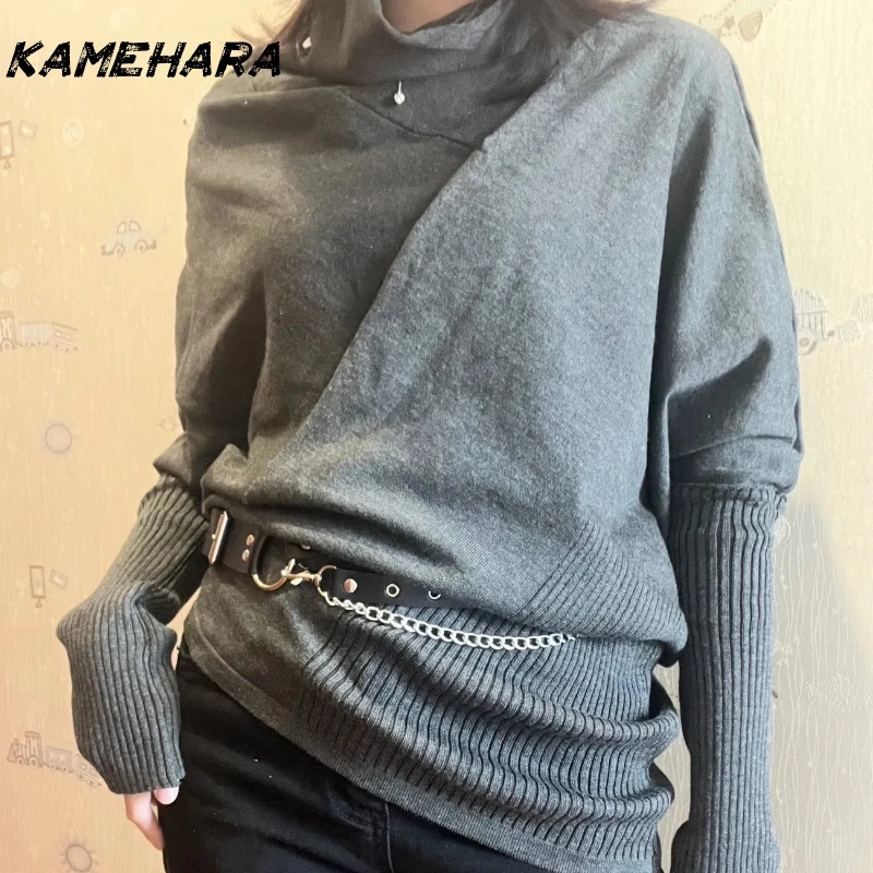 KAMEHARA بلوفرات أمريكية أنيقة غير متناظرة طويلة محبوكة بأكمام تشبه جناح الخفّاش Y2k Harajuku سترات خريفية للسيدات للمكتب سترات فاسق #4