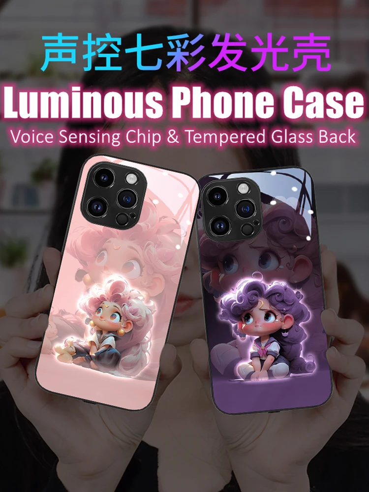 

Beautiful Girl LED Light Glowing Luminous Tempered Glass Phone Case for Samsung S24 S22 S23 Note 10 20 A14 A54 A73 Plus Ultra