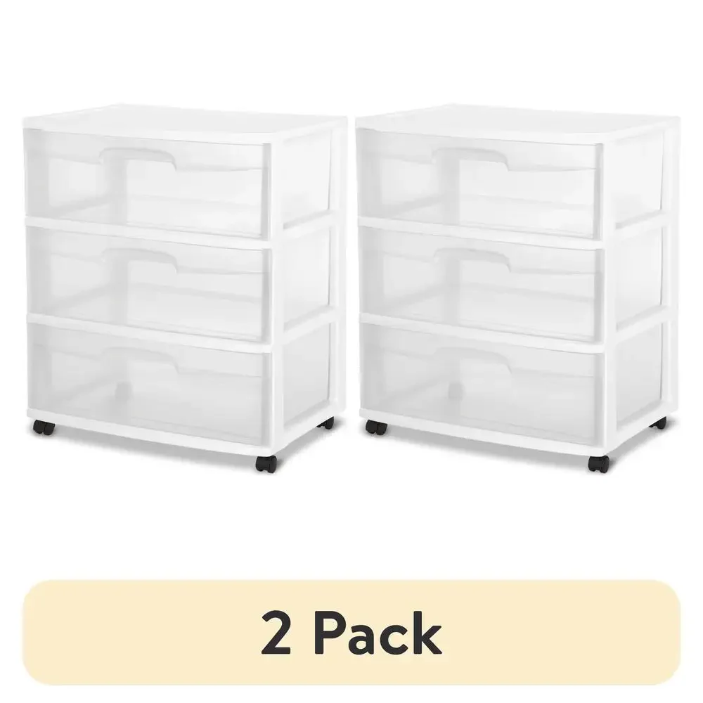 3 Drawer Wide Cart Storage Organizer with Wheels 2 Pack White Neatly Organize Home Items Bedroom Kitchen Bathroom Craft Room