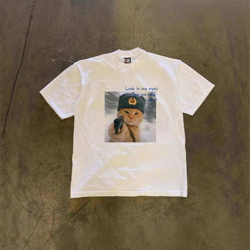 

250 grams of heavy pure cotton! American oversize cat with gun print couple women loose short-sleeved T-shirt men trendy