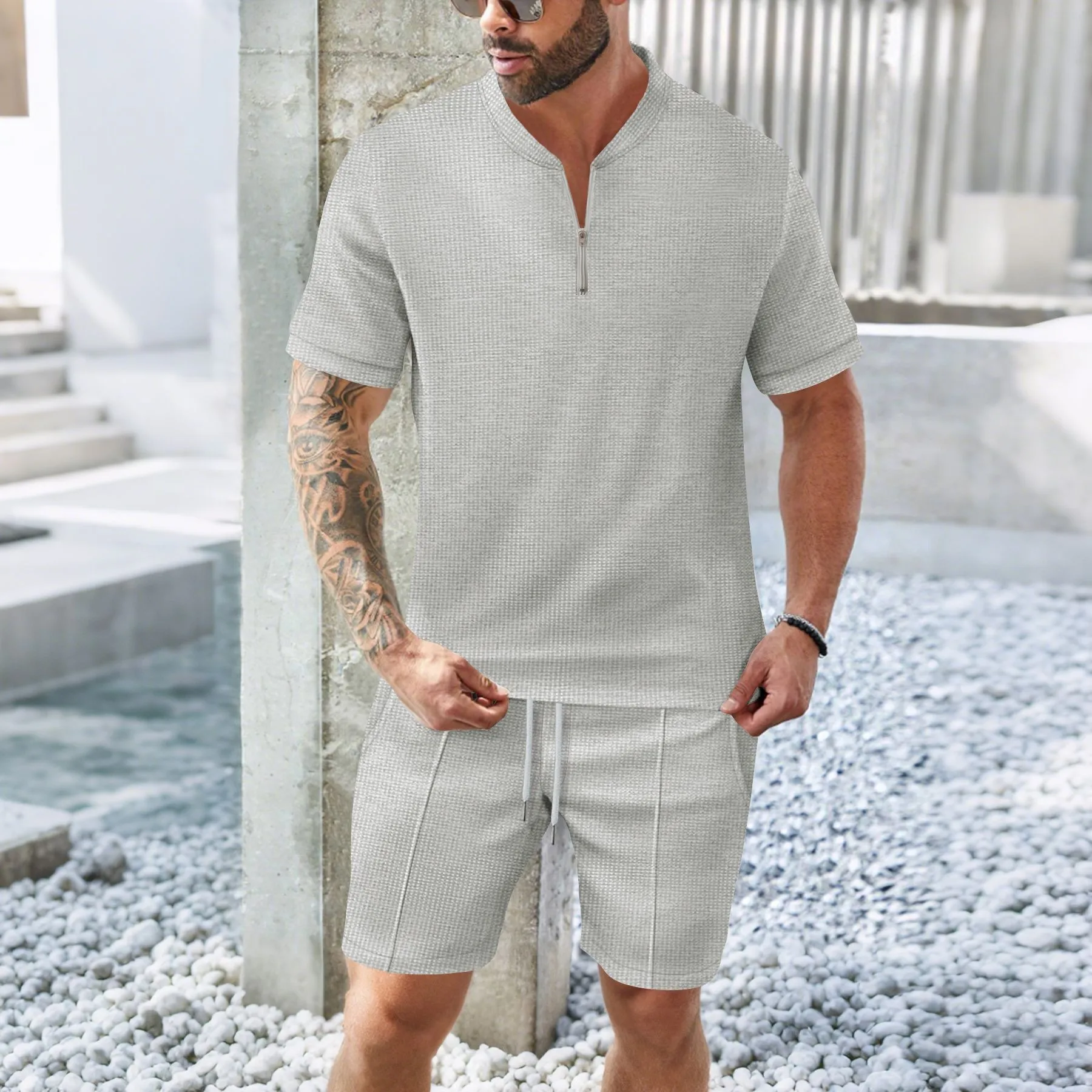 2025 summer new Europe and the United States men's casual Waffle solid color stand collar short sleeve shorts two sets