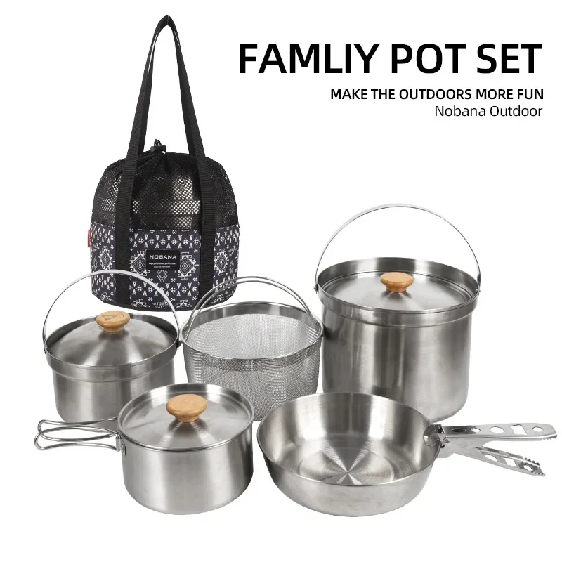 2026 New Outdoor Stainless Steel Pot Set Camping Family Pot Set 5L Portable Picnic Soup Pot Frying Steaming Household Pot