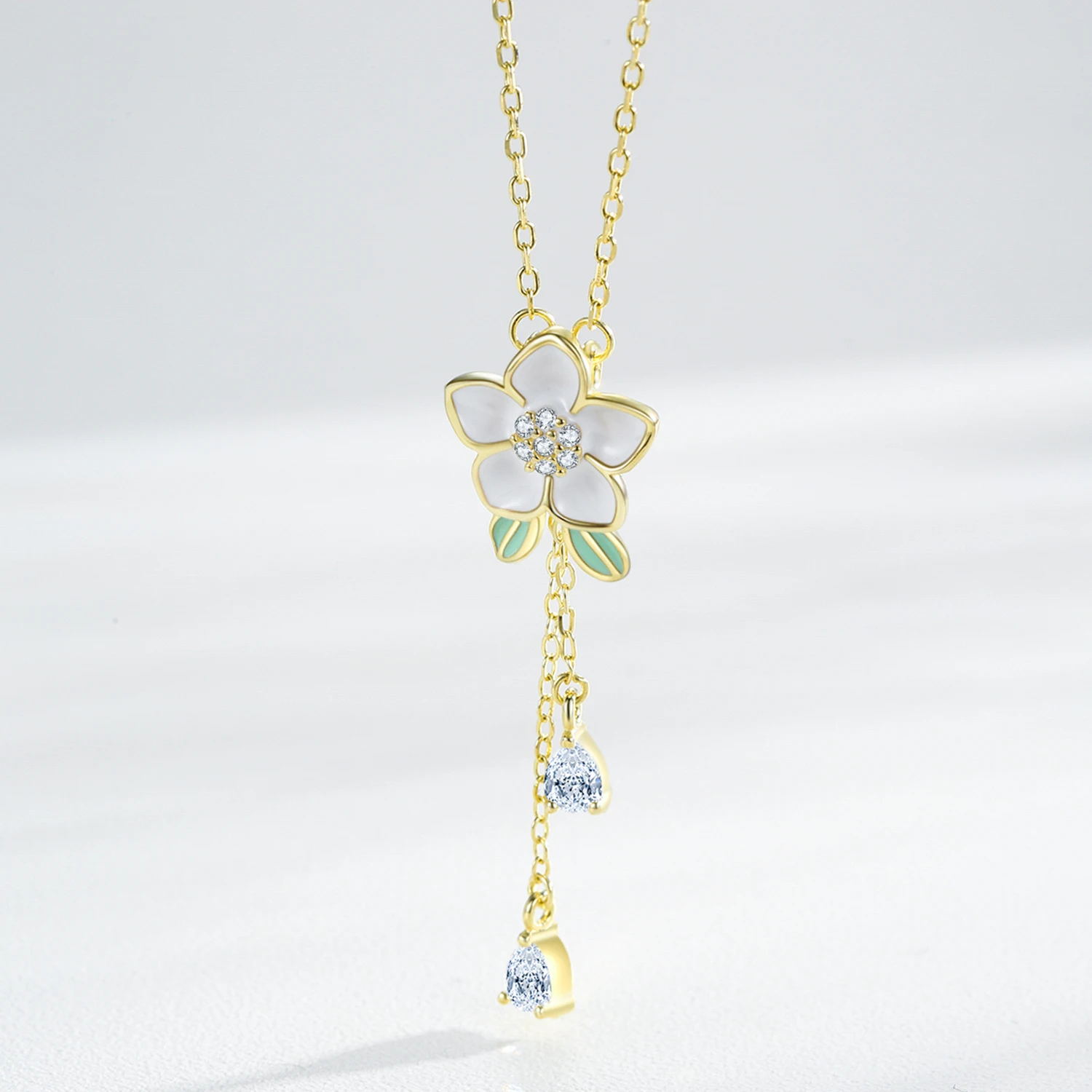 Ailmay 925 Sterling Silver Romantic frangipani Enamel Necklace Shiny CZ Flower Pendant Link Chain For Women Anniversary Jewelry