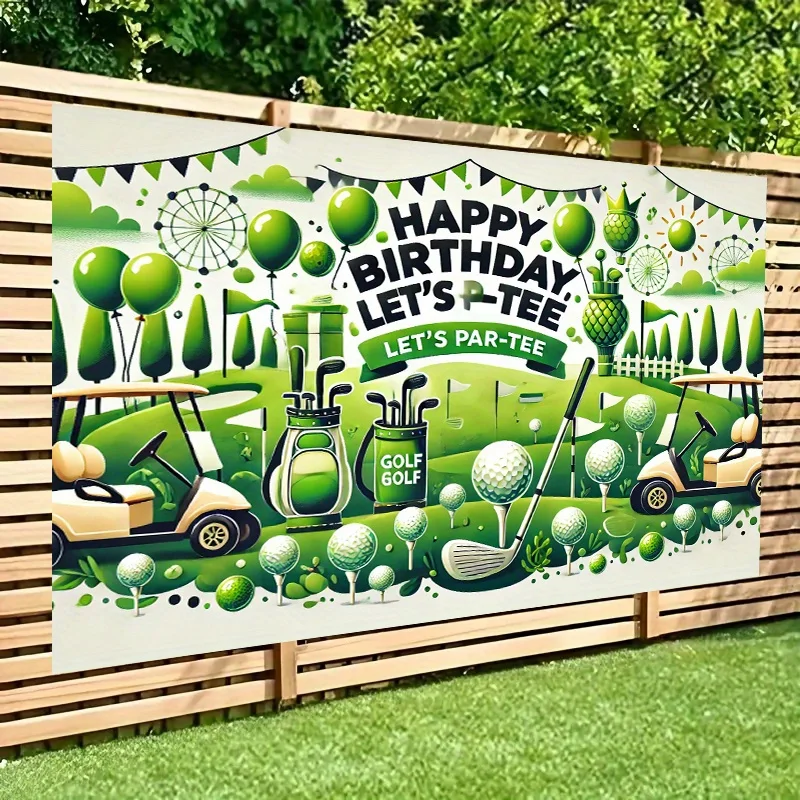 A birthday banner themed around golf, measuring 8X6 feet in size, is made of polyester fabric.yzb