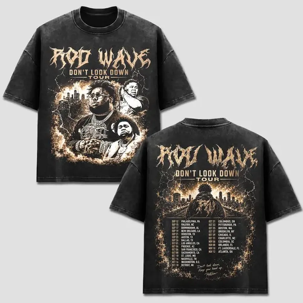 Camiseta Rod Wave, Camiseta de la gira Dont Look Down, Merchandising de conciertos de Big Rod, Gráfico con el calendario de ciudades de EE. UU., Top con paisaje urbano de rayos y fuego, Ropa deportiva negra lavada de estilo rap vintage, Lavado ácido retro, Ropa deportiva negra lavada de estilo casual unisex de EE. UU., de gran tamaño y peso pesado.