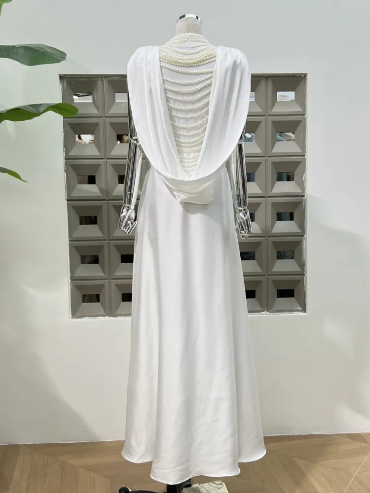 DFDG المرأة 2025 مصمم أنيق لؤلؤ مطرز مساء مزين الخامس الرقبة غير المتكافئة فستان ستان الربيع الصيف فستان الحفلات #3