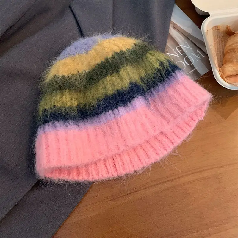2025 Autumn And Winter New Dopamine Colored Color Blocked Fisherman's Hat Women's Plush Warm Knitted Cap 5