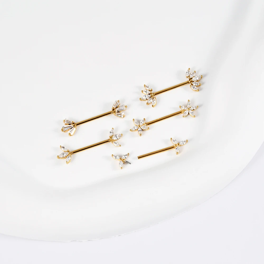 1PC Stainless Steel Marquise Trapezoid Zirconia Crown Windmill Internal Thread Straight Rod Nipple Shield Body Piercing Jewelry