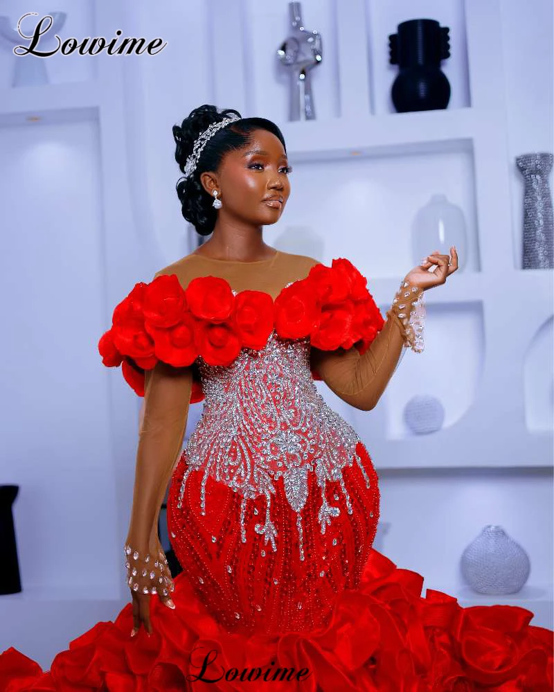 African Red Celebrity Dresses For Black Girls Long Sleeves Evening Gowns Plus Size Prom Party Gowns Vestidos De Gala Customized
