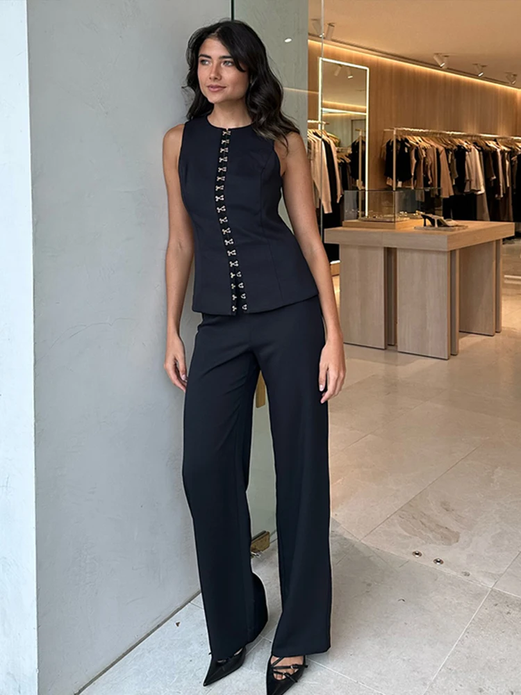 Elegant Pants Suits Women Casual Slim Solid Round Neck Vest Set Female 2024 Autumn High Waist Fashion Office Lady Sets 2 Pieces