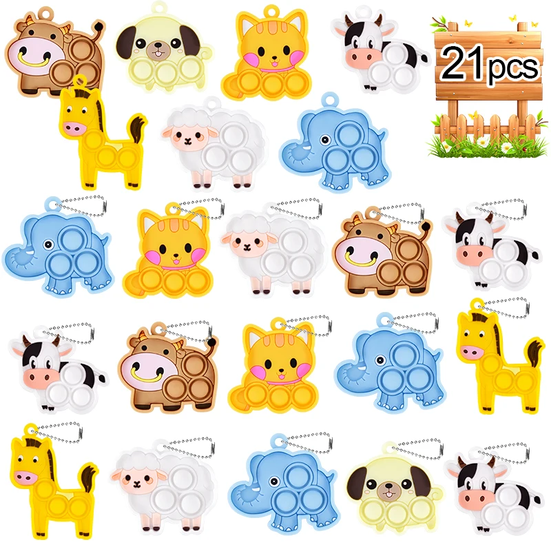 7/14/21Pcs Cartoon Animal Pop Keychain Small Toys Kids Birthday Party Favors Guest Gift Goodie Bag Pinata Filler Baby Shower