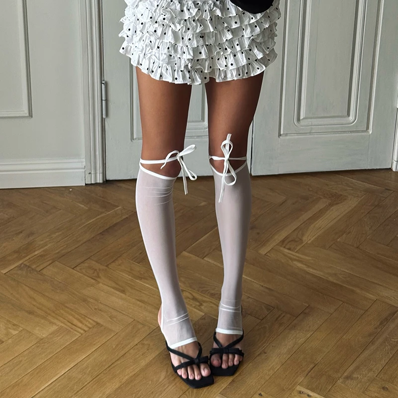 Trendix Calcetines Altos de Malla Transparente para Mujer, Sin Puntera, con Lazos, Medias Largas hasta la Rodilla, para Fiestas de Verano, Clubes y Uso Diario