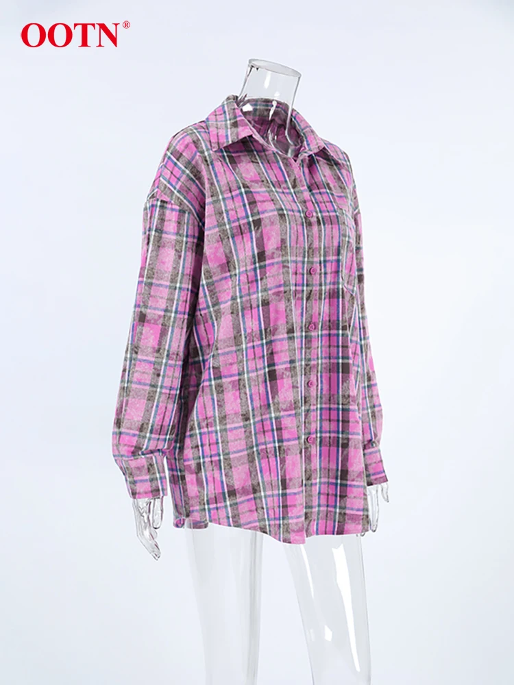 OOTN Fashion Street Pocket Purple Plaid Shirts Female Casual Long Sleeve Blouse Woman 2024 Spring Cotton Turn Down Collar Tops