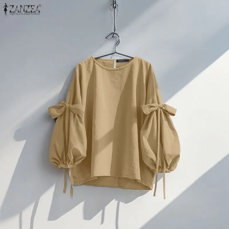ZANZEA Women Long Sleeve Blouse Autumn Spring Bow Shirts Fashion Casual Solid Loose Tunic Tops Streetwear Blusas Femininas