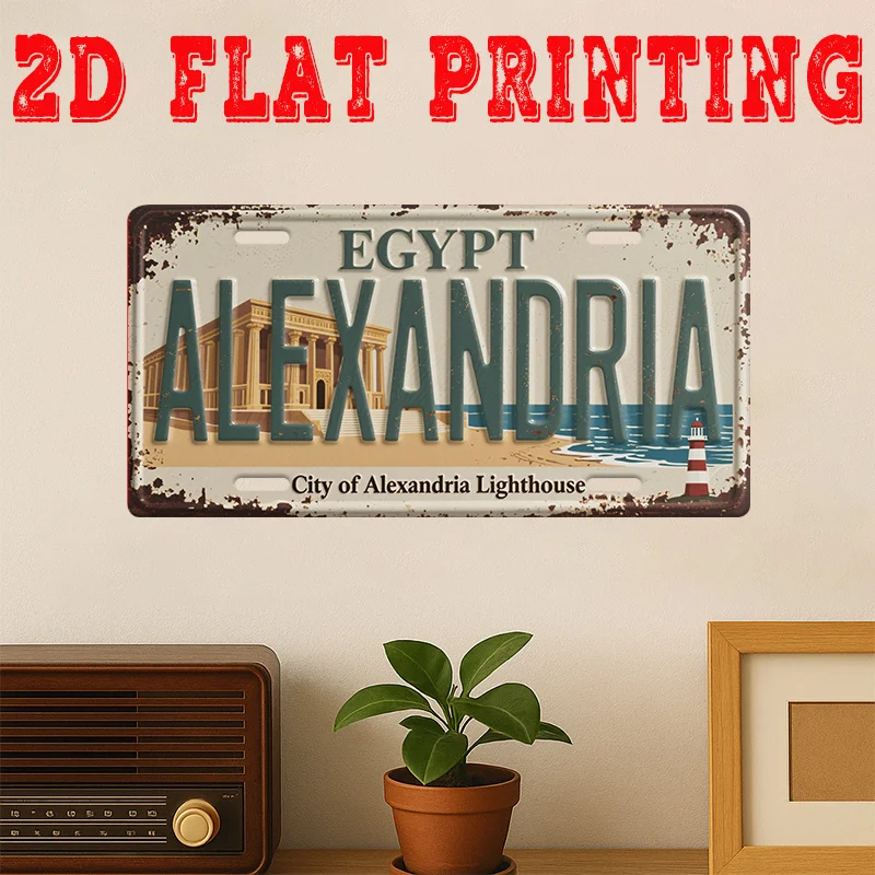 2D Flat - [2D Flat] 2D Printed Sign, 1pc, Vintage Metal Tin Sign (29.97 * 14.99 cm), Alexander Lighthouse City Sign, Retro Decor