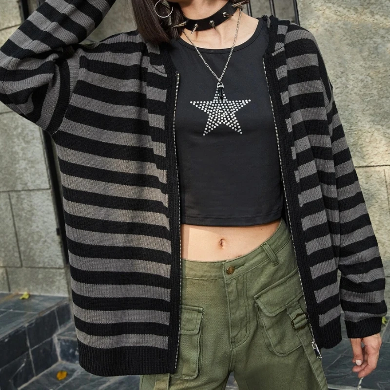 

American retro sweater coat 2025 spring and autumn fashion zipper hooded street wind women's coat