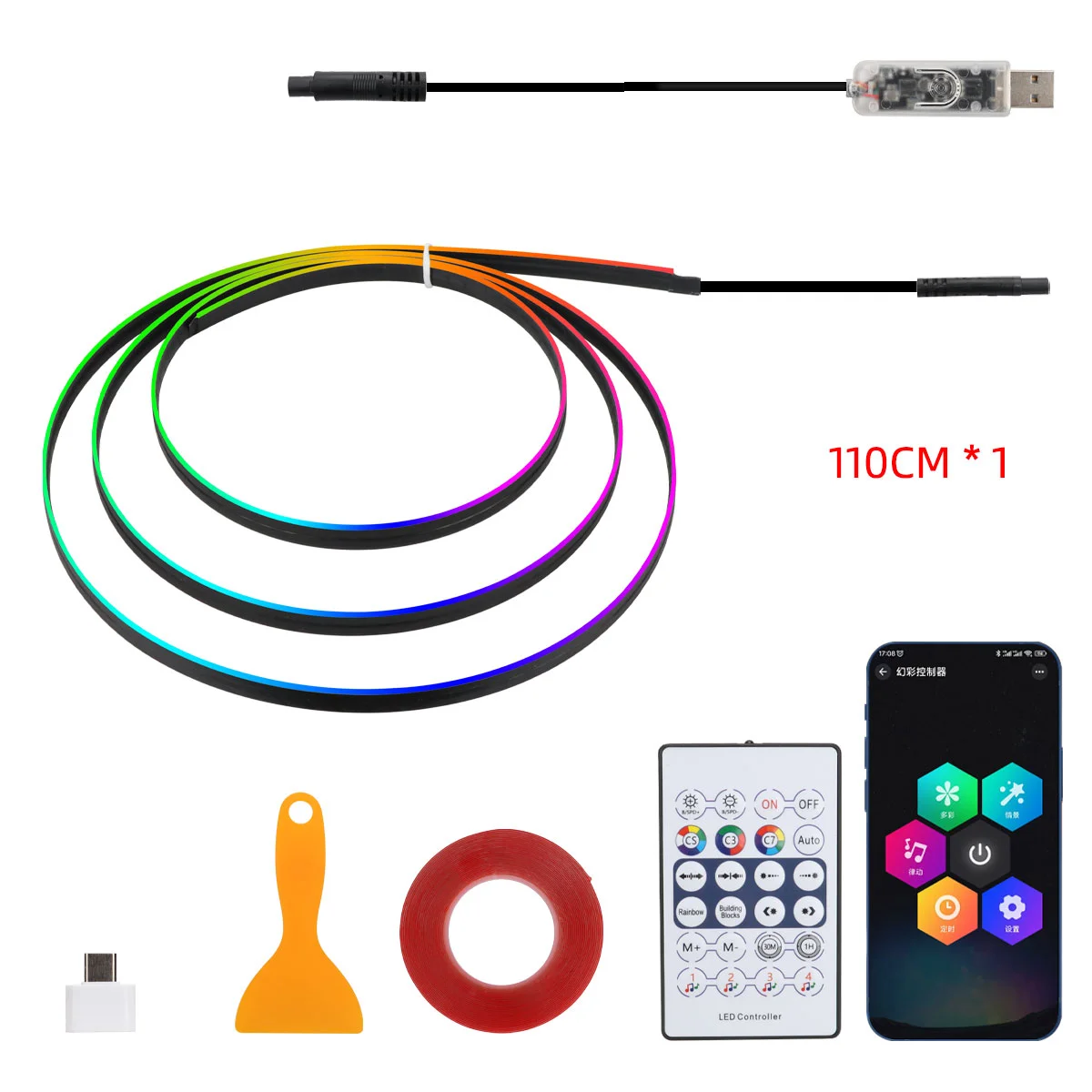 1/2-in-1 110cm 140cm Acryl Auto-Innenbeleuchtung LED-Lichtstreifen APP Fernbedienung USB Ambientebeleuchtung Neon-Atmosphärenlampe Dekoration