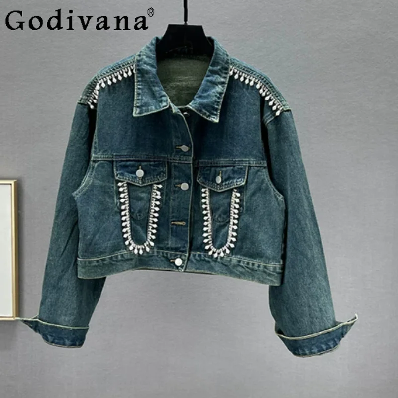

Short Denim Jacket Women Heavy Industry Diamonds Beaded Street Jackets Fashion Versatile Spring Slim Fit Blue Long Sleeve Tops