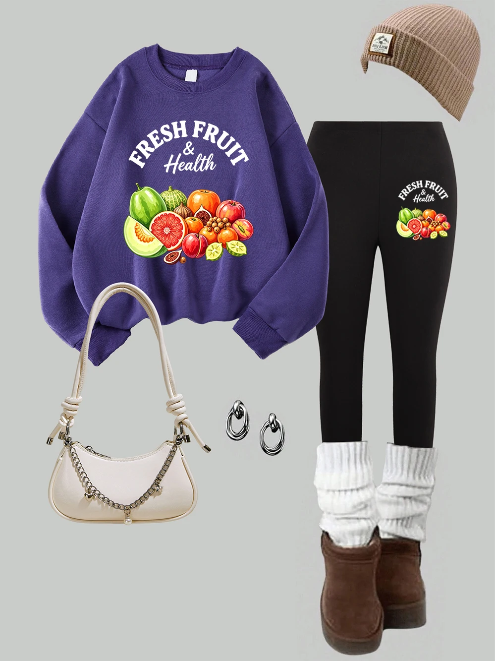 2Pcs Tights Sweatshirt Set Women Colorful Fresh Fruit Health Printed Hoodies Sporty Loose Pocket Tops Autumn Slim Warm Trousers