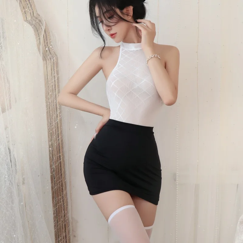 Sexy lingerie Hollow transparent uniform secretary outfit tight fitting bag hip skirt 2-piece set sexy hot lingerie for women