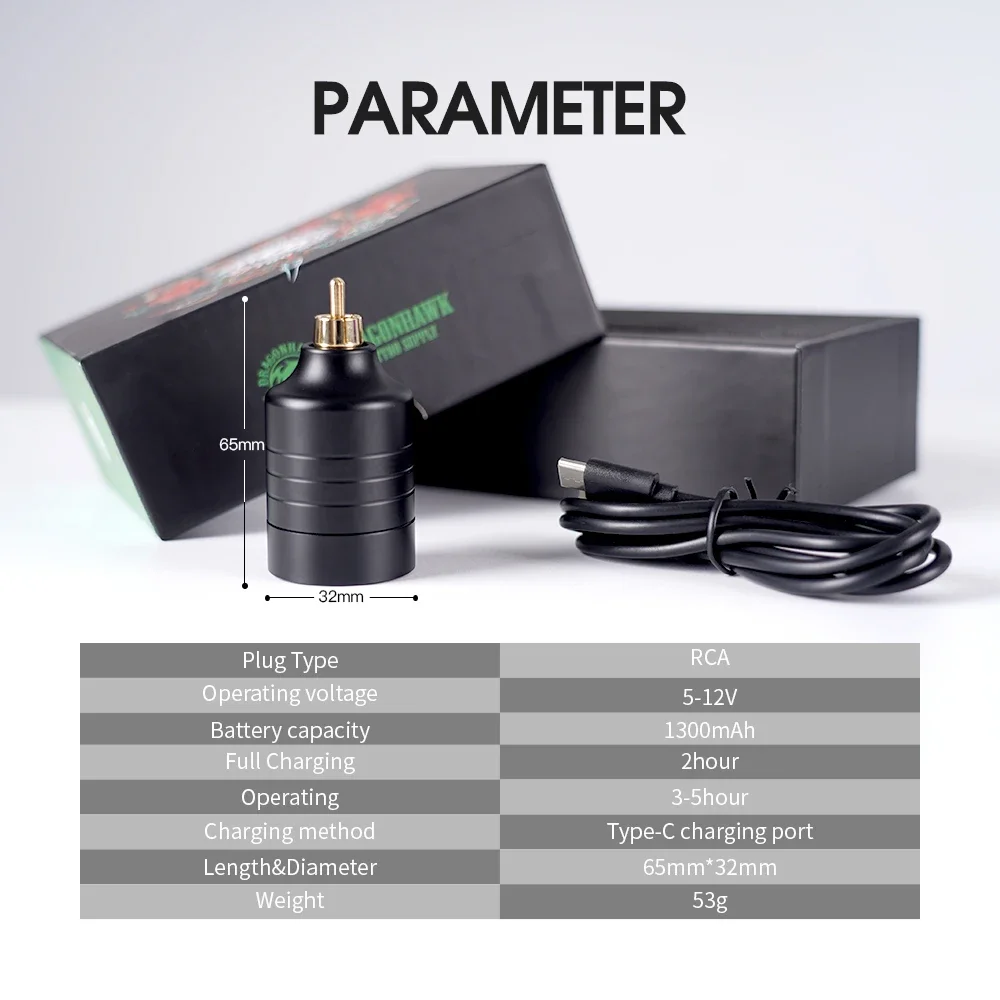 بطارية وشم لاسلكية من Dragonhawk، شحن سريع، اتصال RCA، شاشة LCD قابلة لإعادة الشحن، بطارية إمداد طاقة الوشم #3