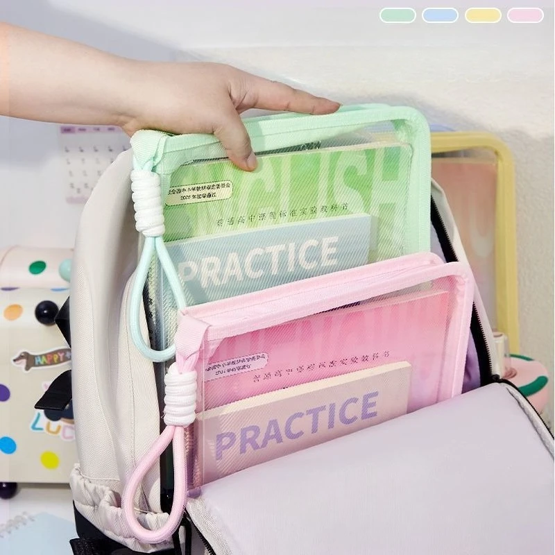 File Folders Transparent  Macaron A4 File Bag Large Capacity Textbook Zipper Student Portable Thickened Waterproof Storage Bag