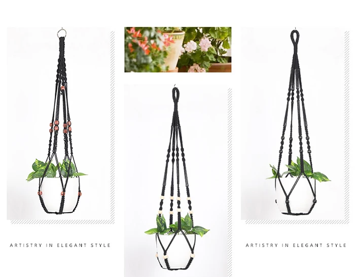 Black lace plant hanger hanging basket with wooden beads and tassels for garden home decor