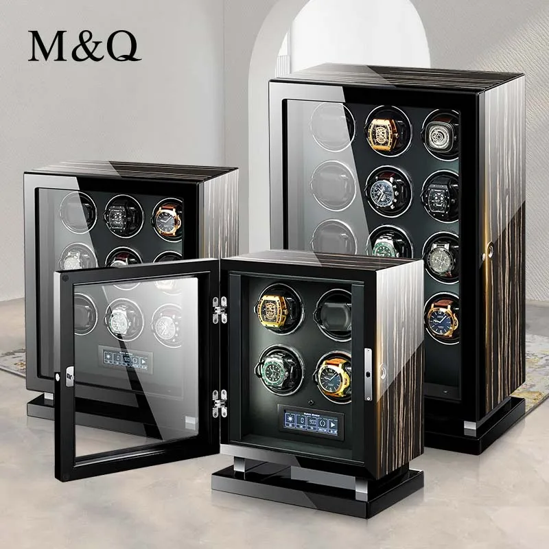 M&Q Luxury Wooden Boxes Touch Screen Remote Control 1 2 4 6 9 12 24 Slots Orbit Watch Winder Box Safe Automatic Rotating case