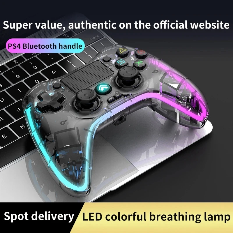 

For PS4 2.4G Bluetooth Wireless Controller RGB Transparent Breathing Handle 3.5mm Headphone Jack Six-axis Gyroscope