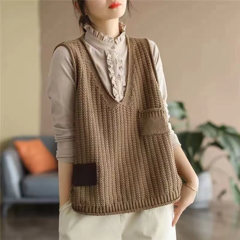 

Retro Label Knitted V-Ne Vest Women's Loose Casual Overhead Jaet Spring New Sle plus Size Comfortable Commute Cotton
