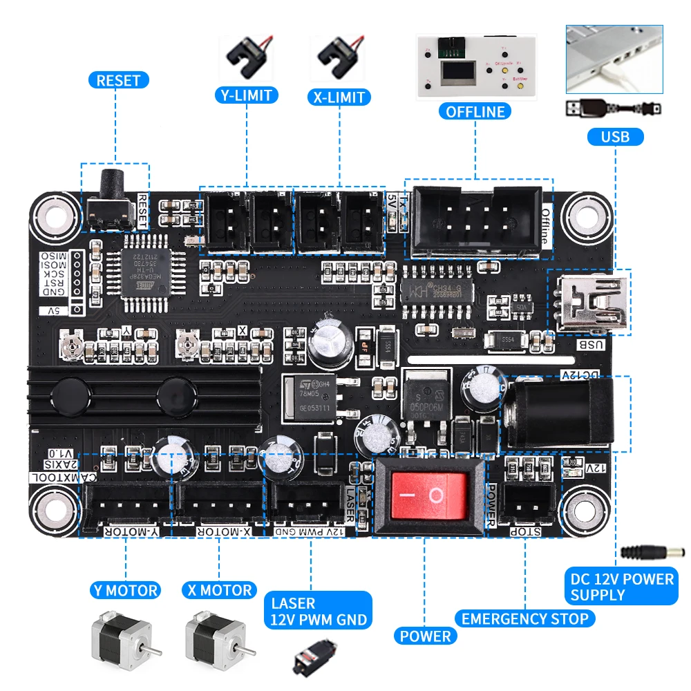 2-Axis Laser Engraver Control Board Panel, GRBL USB Port Main Board Integrated Driver For CNC 6550, 2017  Engraving Machine