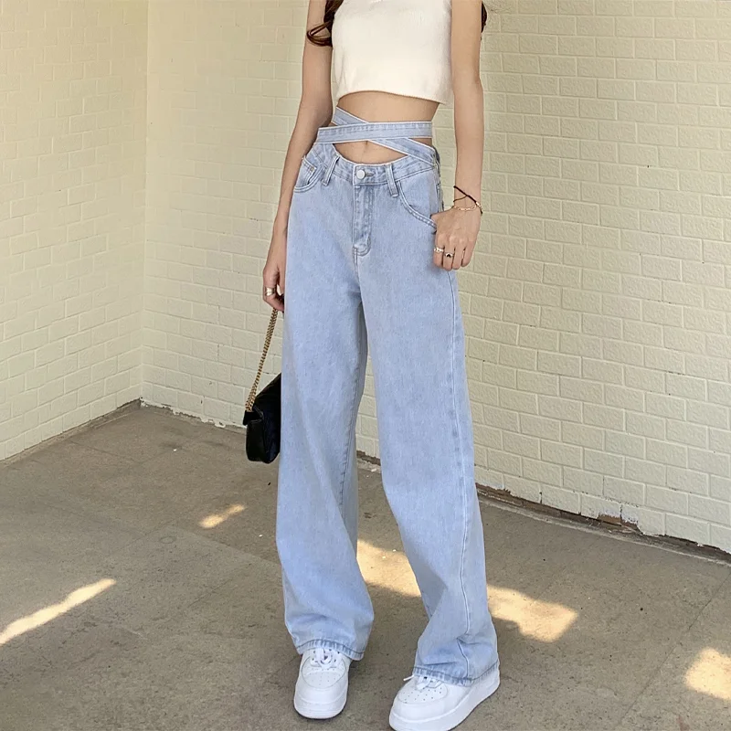 

Light Blue Jeans Women Sexy Bandage Korean Version High Waist Retro Denim Trousers Wide Leg Pants Streetwear Baggy Jeans