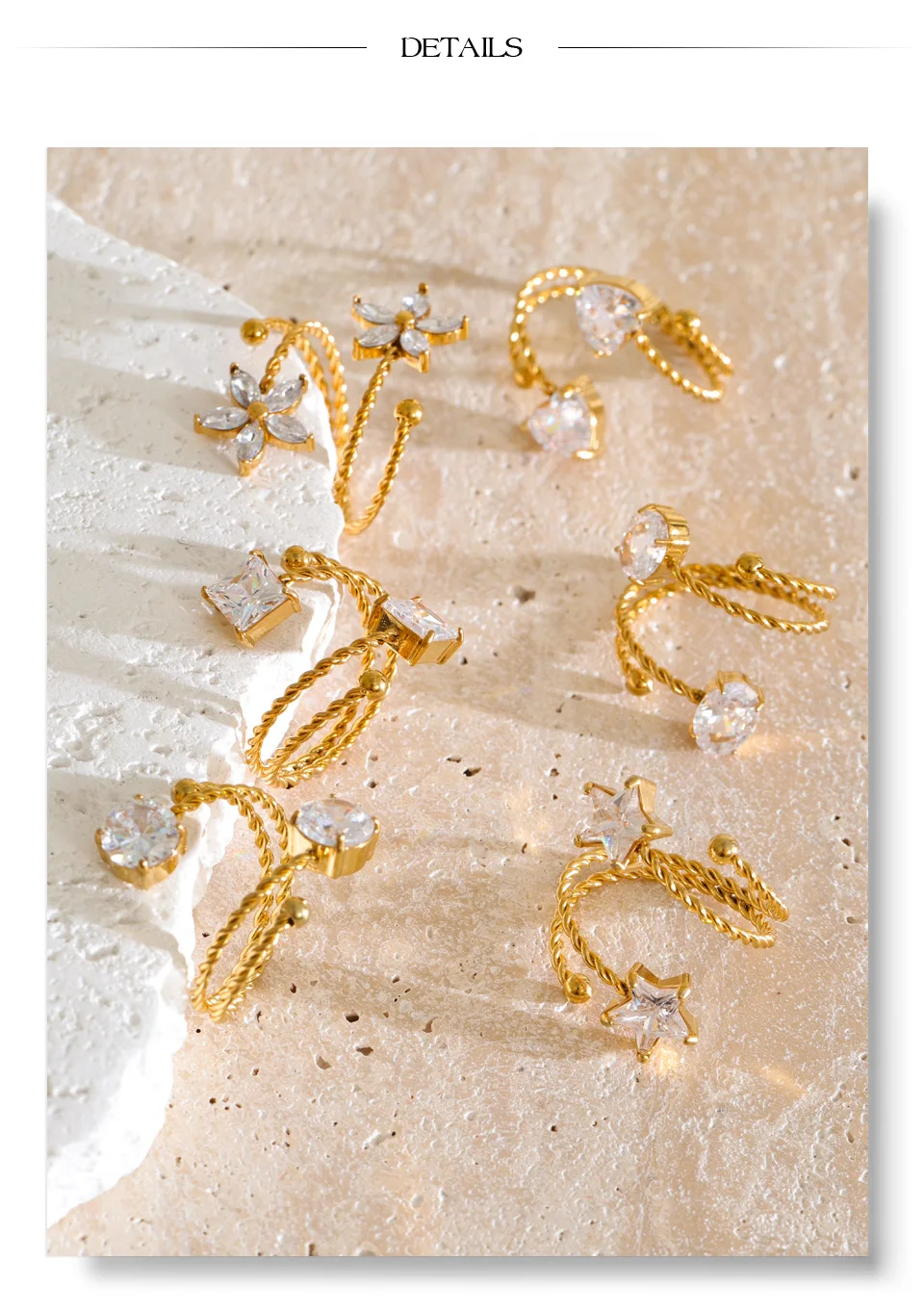 Yhpup Edelstahl Verstellbarer Manschettenring Sterne Blume Herz Zirkonia Mehrschichtig Modischer Goldener Fingerschmuck Geschenk – Detail 9