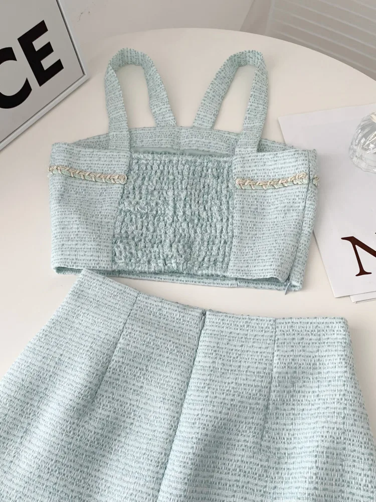 Summer Fall New Mint Green Braided Tweed Two Piece Set Women Sexy Halter Crop Tops Mini Skirt Suits Female Girls Fashion Outfit