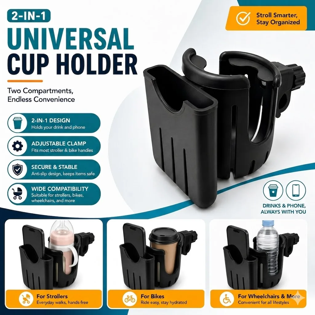 

2-in-1 Universal Motorcycle Cup Holder Adjustable Bike Drink Bottle Holder with Phone Storage for Scooter ATV