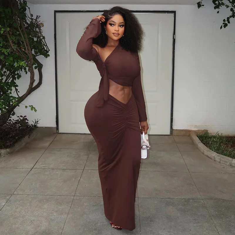 Solid Evening Party 2 Piece Set Women Inclined Shoulder Lace Up Ribbon Full Sleeve Crop Tops + Ruched Bodycon Maxi Skirts Suits