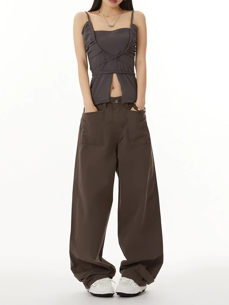 

Tall Women's Extended American Retro Wide Leg Denim Work Pants Brown Loose Slimming Versatile Long Trousers High Waist Straig...