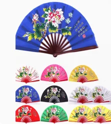 Large Peony Flower Tai Chi Fan with Bamboo Ribs. Traditional Craft Silk Folding Wushu Hand Fan for Kung Fu Dance Performance.