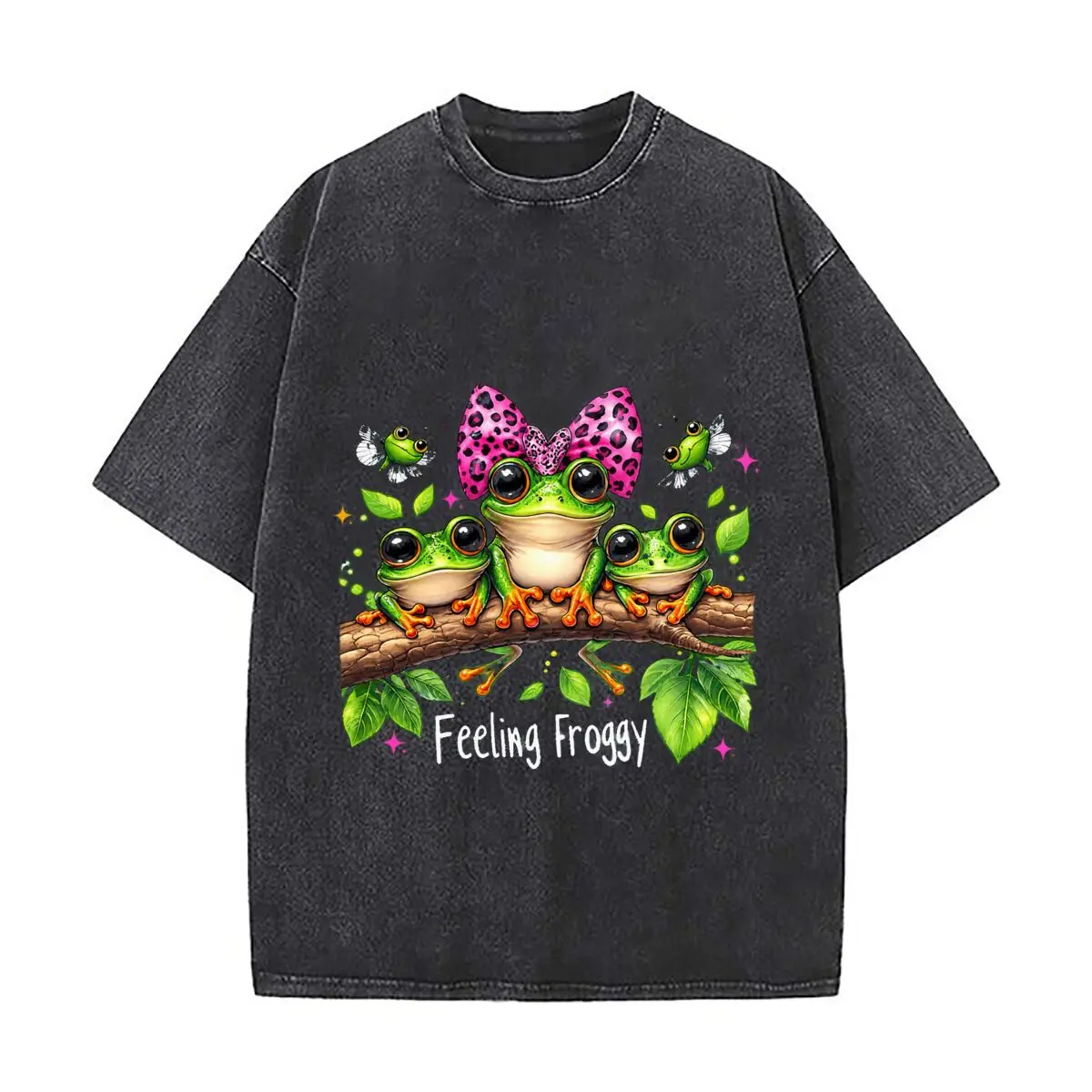 Feeling Froggy Three Green Frogs Pink Leopard Bow Tree Branch Washed Vintage Short Sleeve Loose Streetwear Tee