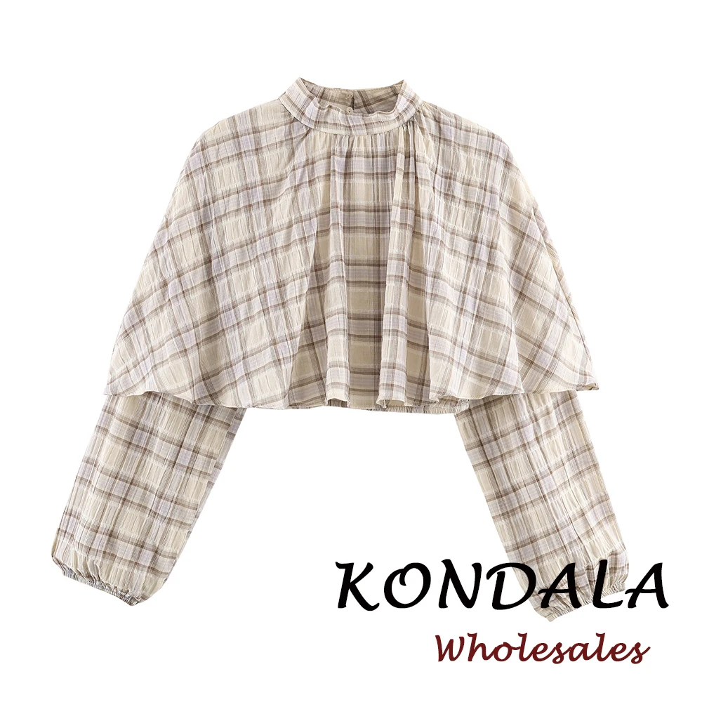 

KONDALA Vintage Streetwear Plaid Women Outwear Fashion 2026 Spring Tierred Long Sleeve Folds Vintage Female Loose Short Jacket