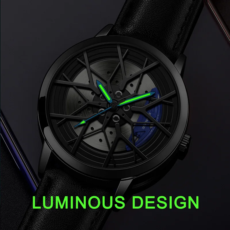 BORUSE Fashion Mens Car Wheel Watches Luminous Clock Luxury Men Sports Waterproof Quartz Wrist Watch Leather Strap Watch