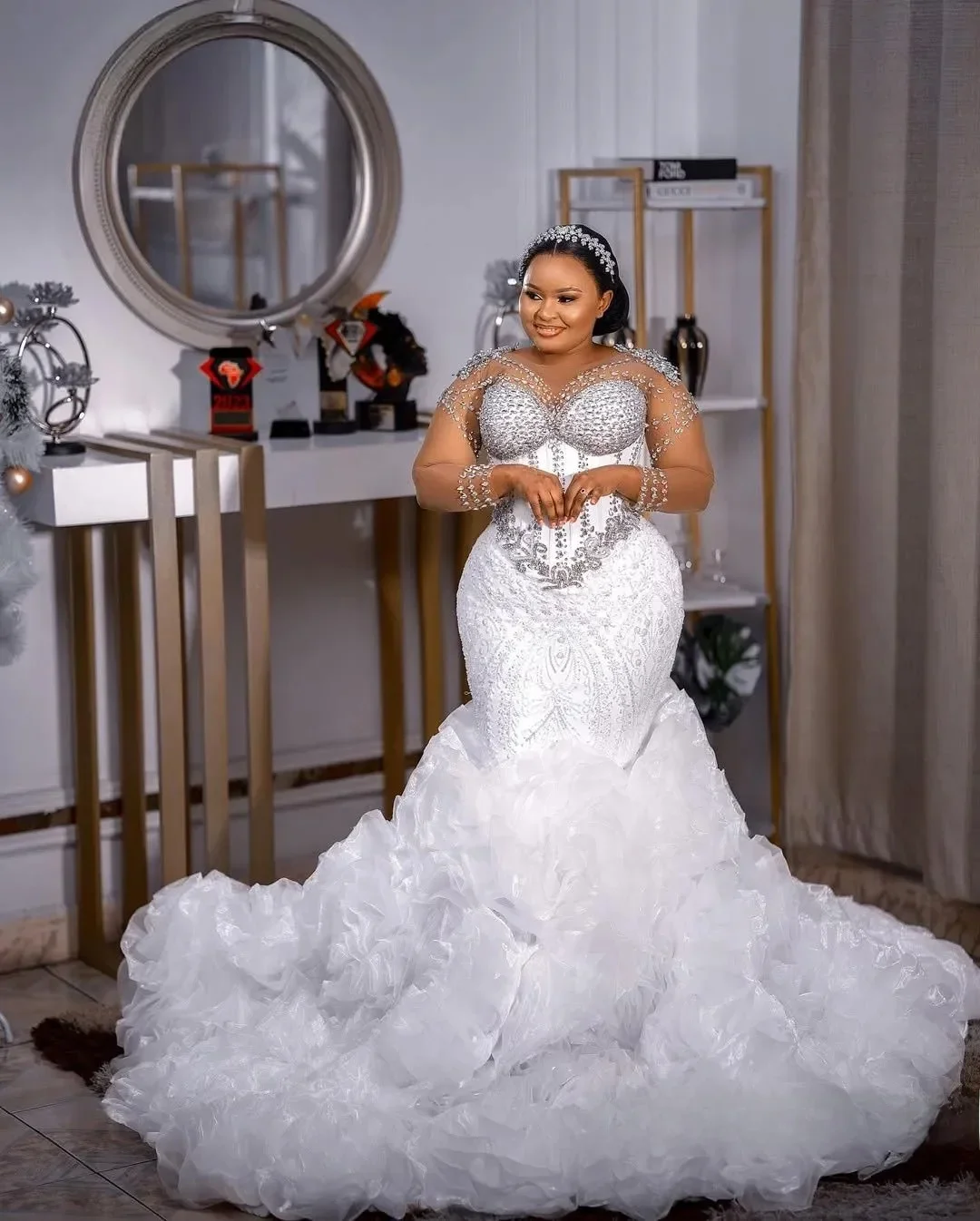 Suknia ślubna plus size na zamówienie dla panny młodej, syrenka, suknie ślubne, suknie ślubne, iluzja, odpinany tren, długie rękawy, zdobiona koralikami.