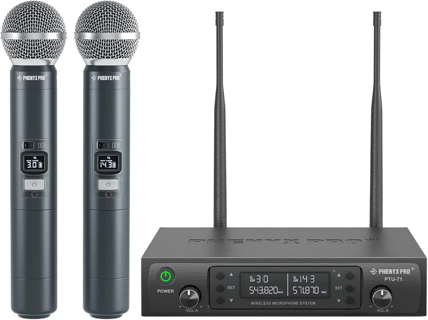 

Wireless Microphone System Dual Wireless Mics w 2 Handhelds Auto Scan 2x100 UHF Frequencies 328ft Range Dynamic Microphone