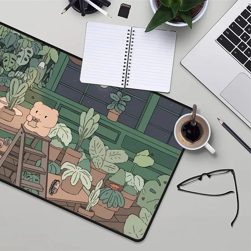 Cute Mouse Pad 900x400 Green Plant Bunny Bear Computer Desks Mousepad Anime Desk Accessories Gamer Cabinet Games Keyboard Mat Pc