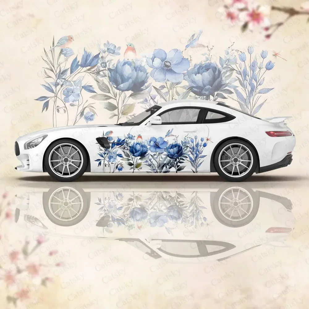 Fashion Blue Flower Design Car Sticker Side Packaging Graphic Decal Vinyl Wrap Cover Universal Size Packaging Gift Custom